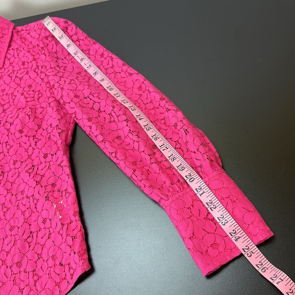 Milly Hot Pink All Over Lace Button Up Shirt Medium Puff Sleeve Semi Sheer - Picture 13 of 15